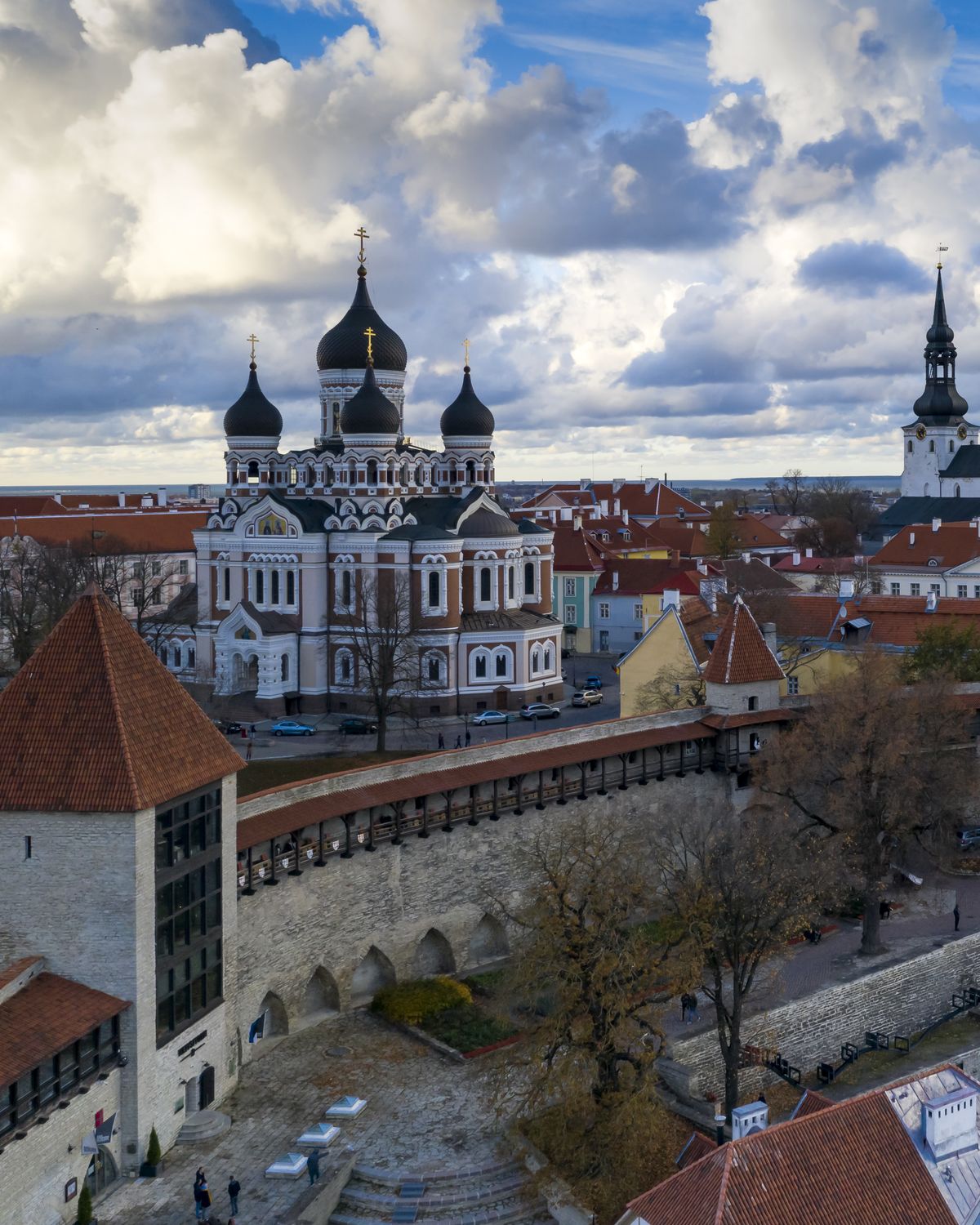 Tallinn Old Town from the air: the town wall, Toompea and the Alexander Nevsky Cathedral