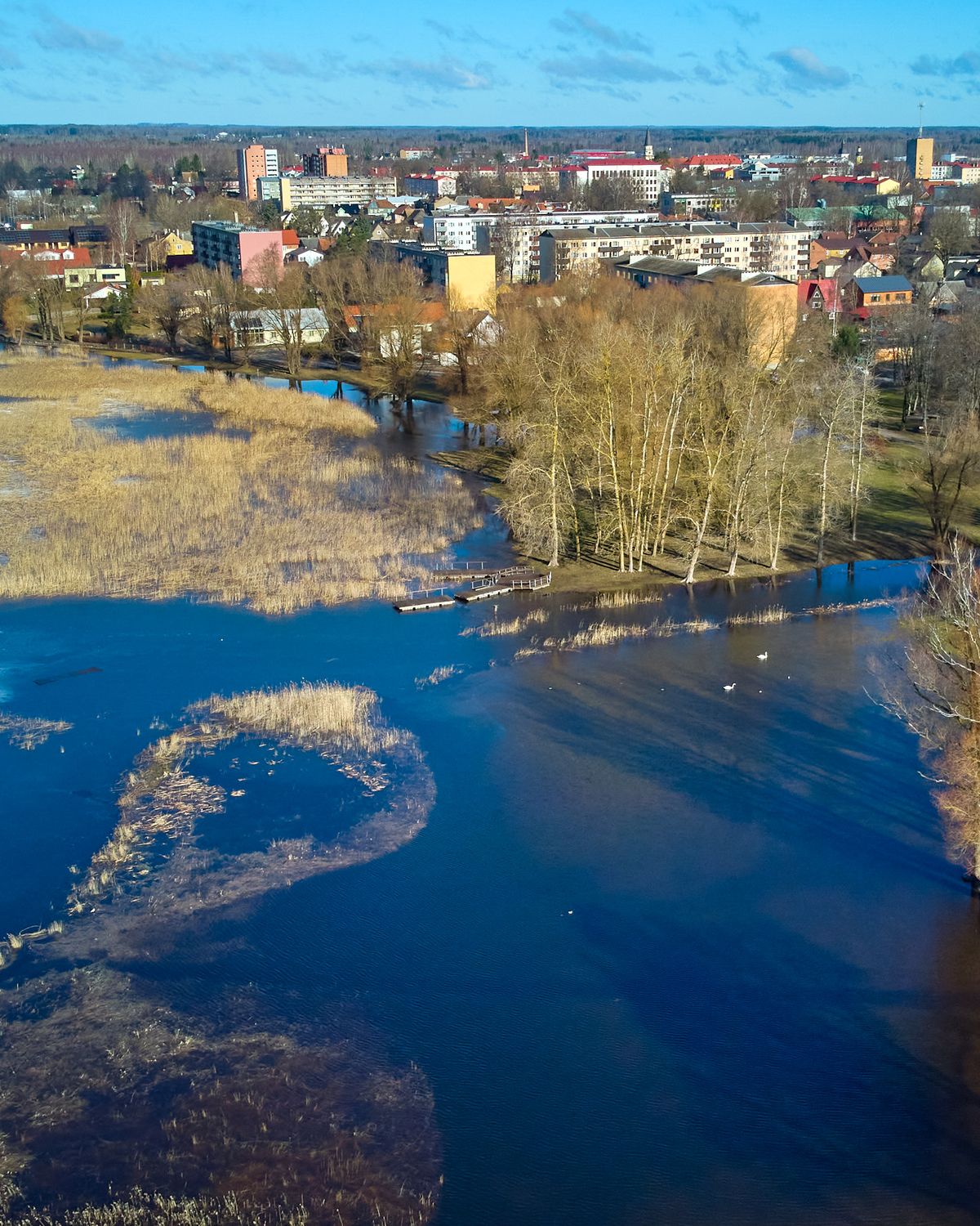 Spring high water on Lake Tamula at the edge of Võru, seen from a drone