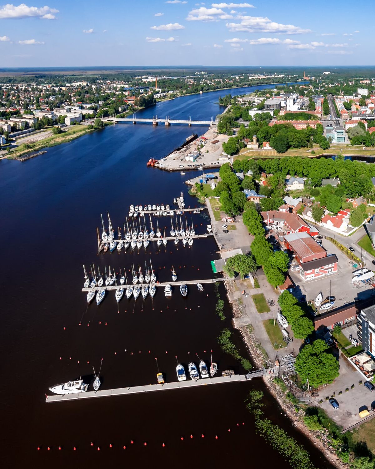 Pärnu from the air: the river, the marina and the town centre
